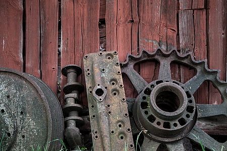 生锈的轮子, 复古, 红墙, 老, 车轮, 生锈, 年份