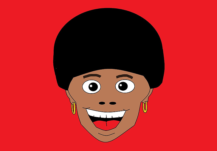 funky, gaya, Afro, rambut hitam, latar belakang merah, riang, ilustrasi