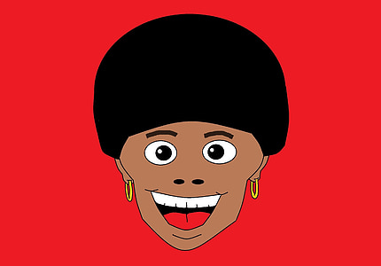 funky, estil, afro, cabell negre, fons vermell, jovial, il·lustració