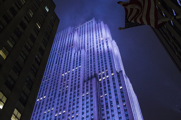 Rockefeller center, Nowy Jork, Manhattan, Midtown, Ameryka, noc, NYC