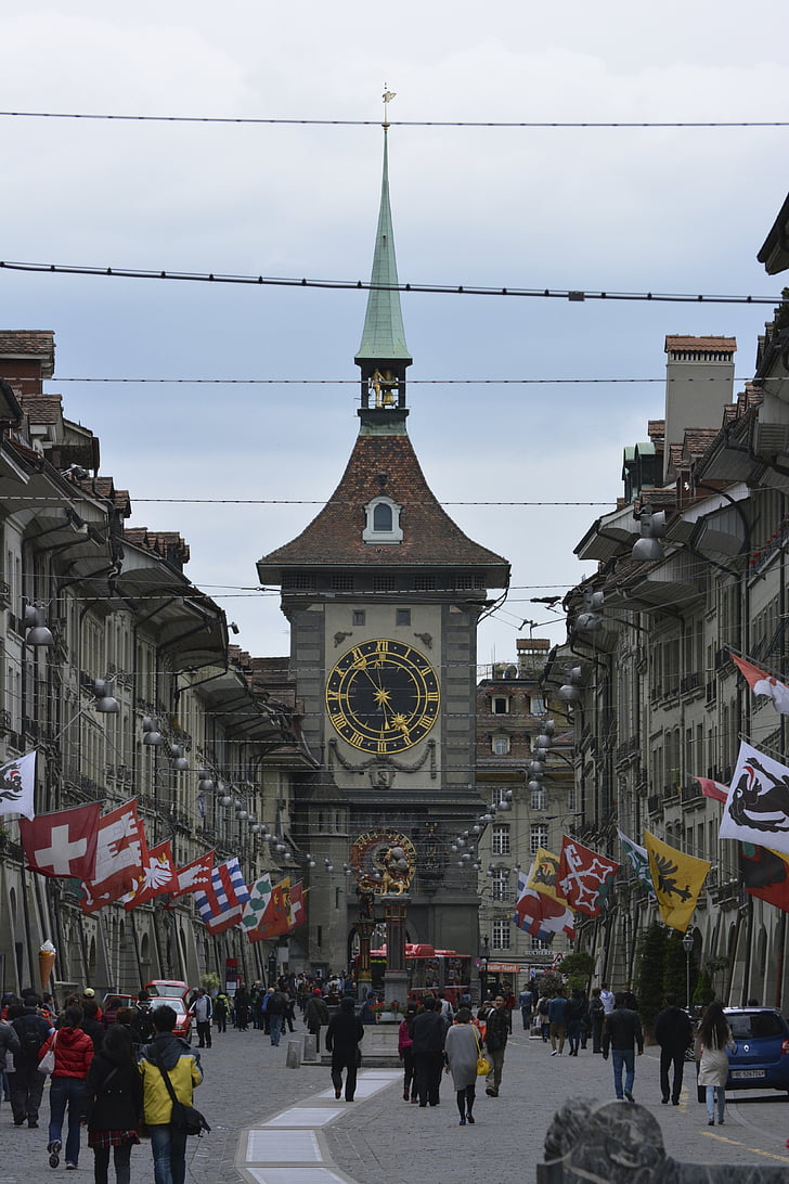 Berna, beco, humana, estrada, multidão, bandeiras, ao vivo