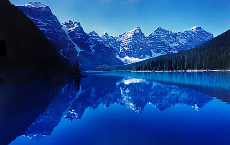 Moraine lake, reflectie, water, nog steeds, glad, blauw, rustig