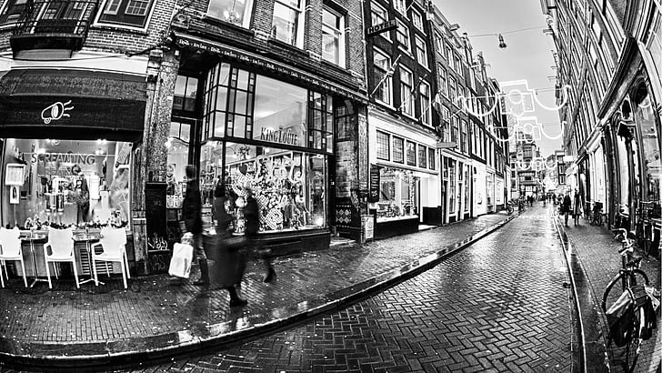 Vintage pozadí, cestování, Amsterdam, ulice, pohyb, déšť, černá a bílá