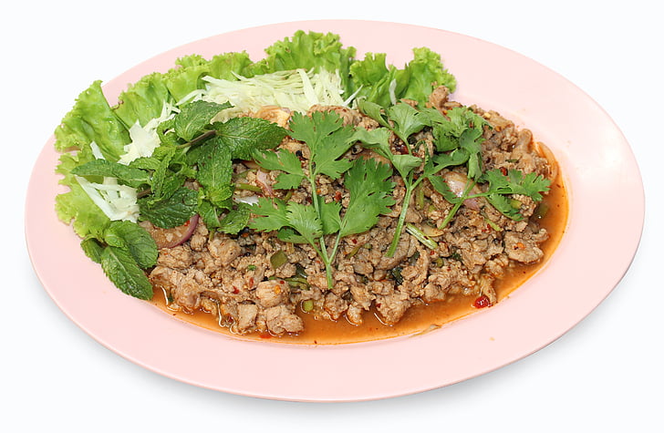 thaimat, fläsk yum, yum, mat, vegetabiliska, måltid, middag