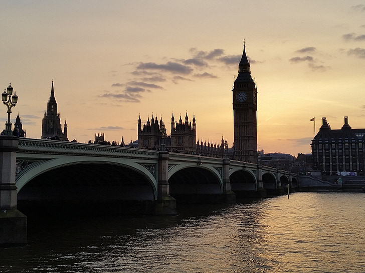 solnedgång, Westminster Bridge, Big ben, landmärke, London, floden, Thames