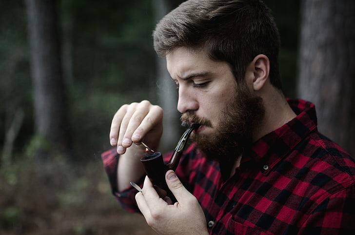 man, smoking, pipe, smoke, male, woods, forest