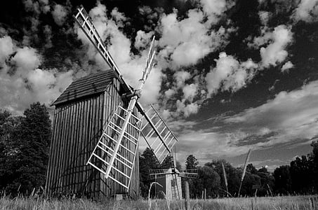 poland, malopolska, kolbuszowa, rural architecture, monument, the windmills, black And White