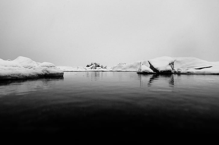 black-and-white, cold, ice, iceberg, iceland, jökulsárlón, lake