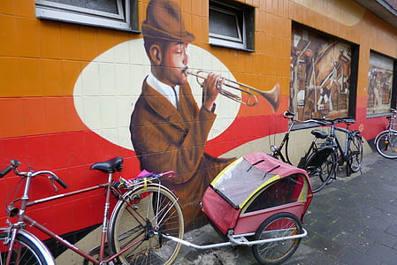 mural, graffiti, street art, art, trumpeter