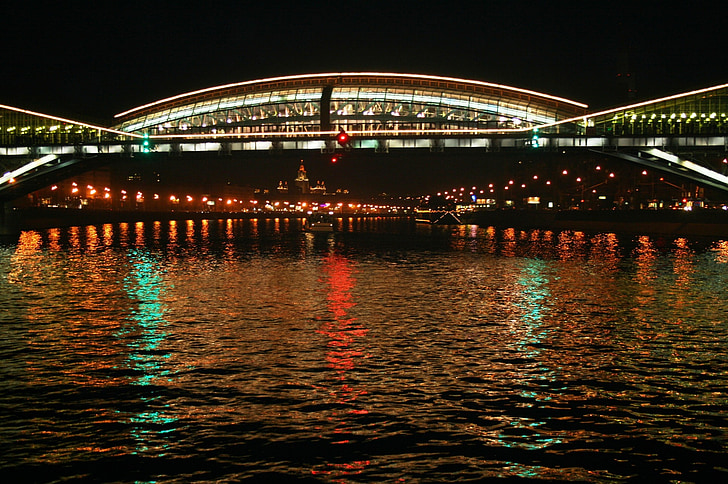 river, water, cruise, bridge, lights, white, reflection