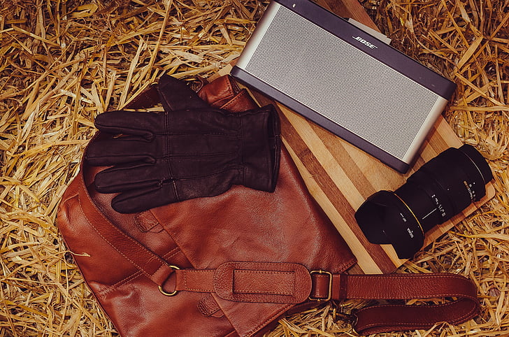 bag, bose, camera, gloves, leather, lens, sling bag