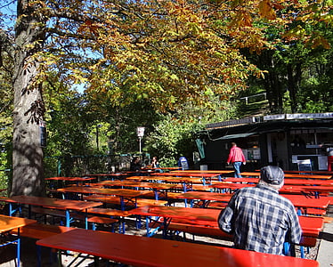 啤酒花园, biertische, bierbaenke, 餐桌, 长椅, 红色, 巴伐利亚