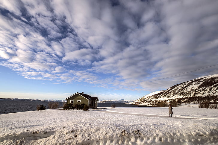 Islande, sniega, ainava, māja, debesis, mākonis, ziemas