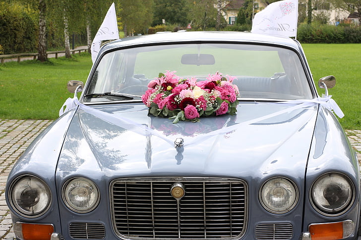 wedding, romantic, celebration, marry, flowers, auto, jaguar