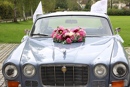 Svatba, Romantický, Oslava, vzít si, květiny, auto, Jaguar