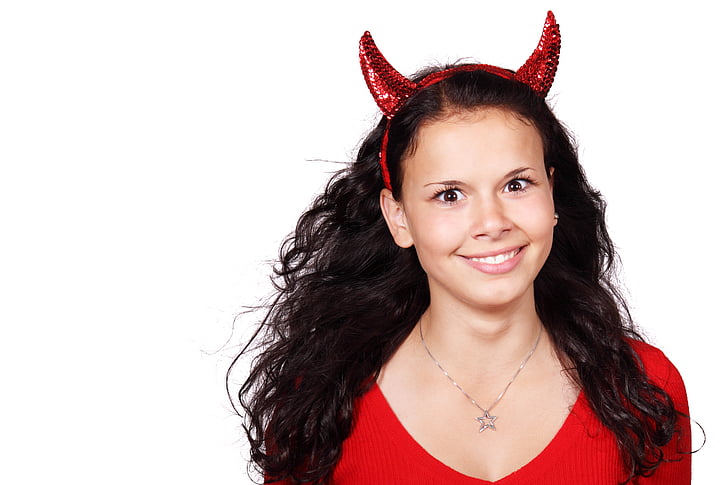 kostým, démon, diabol, tvár, samica, dievča, Halloween