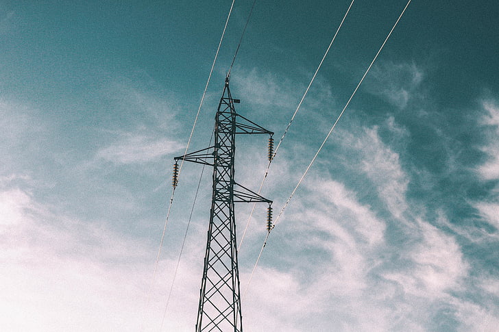 електричні, пост, синій, небо, лінії електропередач, хмари, кабель