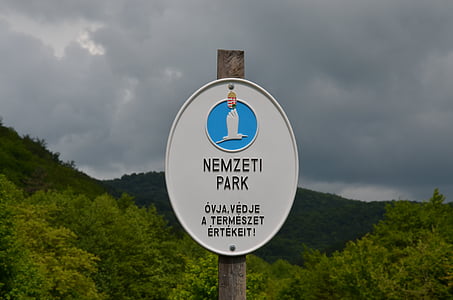 sign, national park, hungary, nature, forest, region, trees