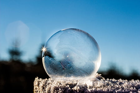 frozen bubble, soap bubble, frozen, winter, sunbeam, sun, landscape