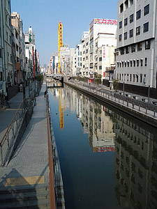 Japán, Dotonbori, Osaka, széles, hosszú, színes, város