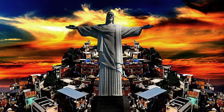 Rio de janeiro, Chrystus, Favela, wzgórze, Carioca, Corcovado, zachód słońca