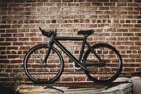 bicycle, bike, wall, bricks, fixed gear, black, street