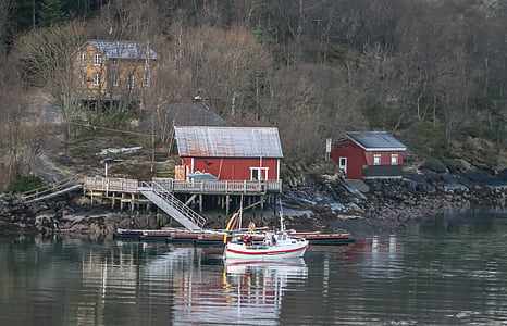 Норвегия, Береговая линия, воды, отражение, Красный дом, Скандинавия, пейзаж