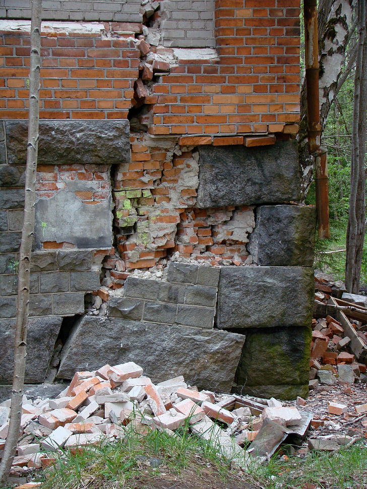 kehancuran, bangunan, batu bata, batu, retak, fasad retak, batu bata