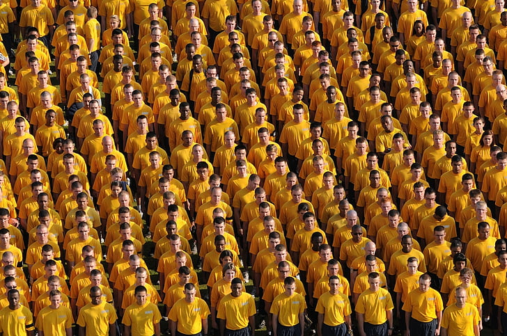 grup, persones, groc, camisa, negre, pantalons, formant