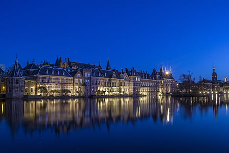 Haag, Center, Courtyard, kvällen, efterklang, vatten, Nederländerna