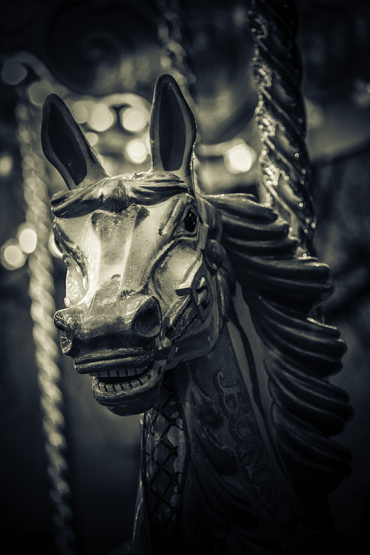 Carousel horse, griezelig, zwart-wit, rotonde, eng, Spooky, Amusement