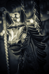 carousel horse, creepy, black and white, roundabout, scary, spooky, amusement