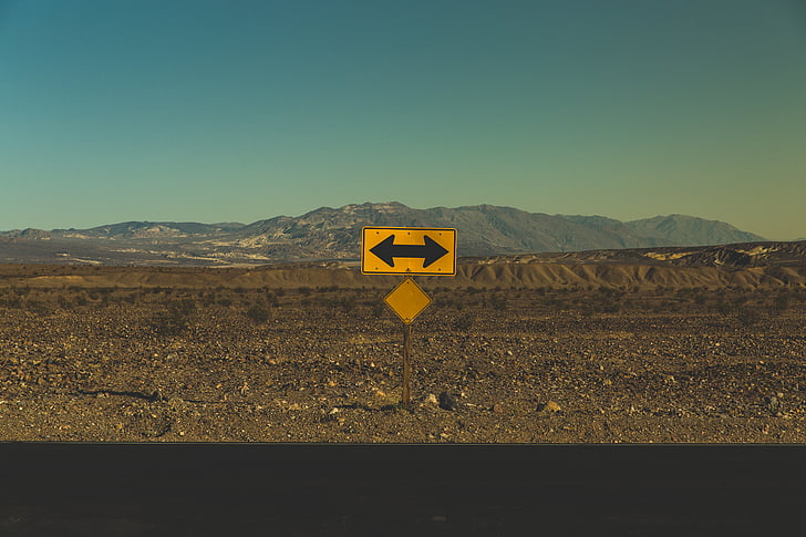 arrows, barren, direction, mountains, road, road sign