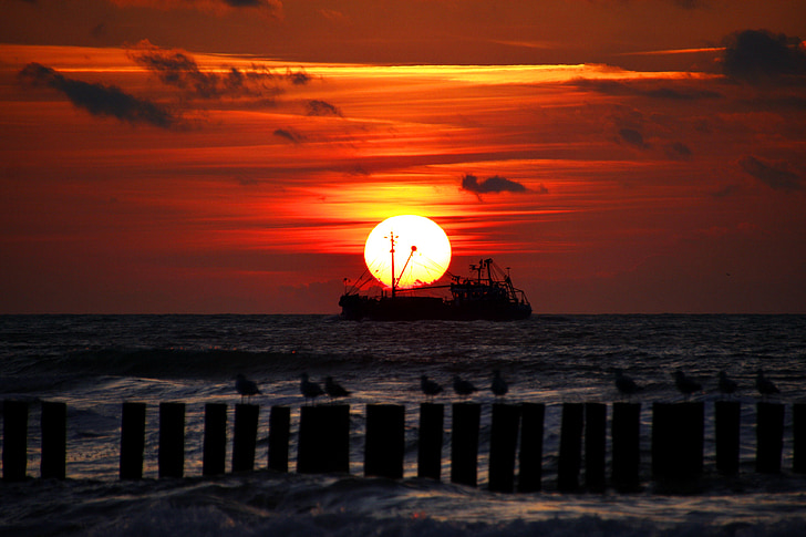 fartyg, Boot, havet, Nordsjön, solen, solnedgång, Afterglow