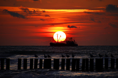 schip, boot, zee, Noordzee, zon, zonsondergang, Afterglow