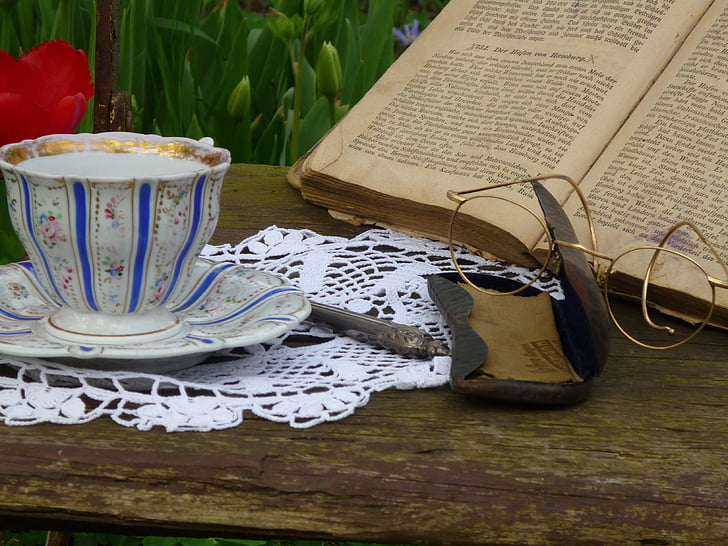 cup, glasses, book, old chair, builds, porcelain, tulips