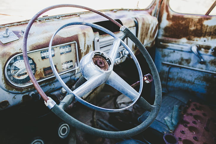 αυτοκίνητο, παλιά, σκουριασμένο, τιμόνι, όχημα