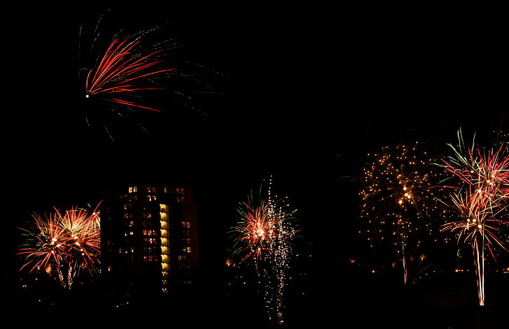 fogos de artifício, férias, vermelho, à noite, comemorar, 2015, show de luzes