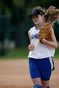 softball, játékos, futás, kesztyű, haj, játék, verseny
