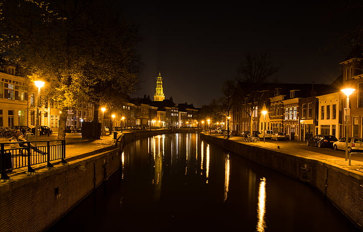 csatorna, város, este, Groningen, Hoge der egy, Hollandia, éjszaka