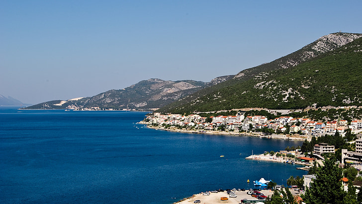 mountains, sea, water, buildings, city, vacation, europe