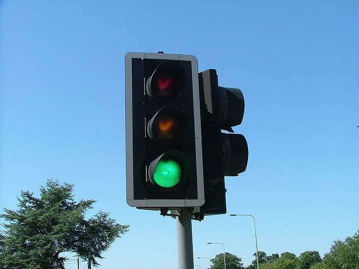 traffic lights, uk, sunshine, blue sky, traffic, urban, transportation