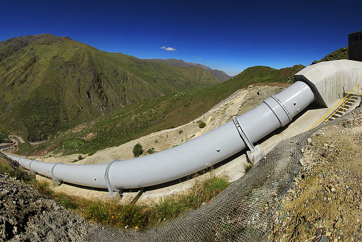 tubulação de, central hidroeléctrica, HUANZA, Peru, Barragem de água, draga, Usina