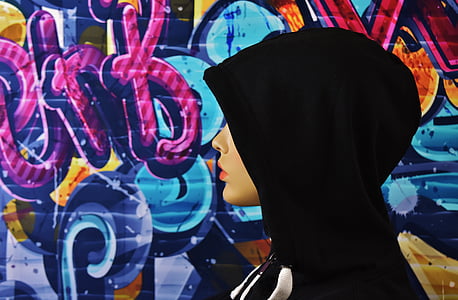 woman, hood, mysterious, graffiti, street art, multi colored, rear view