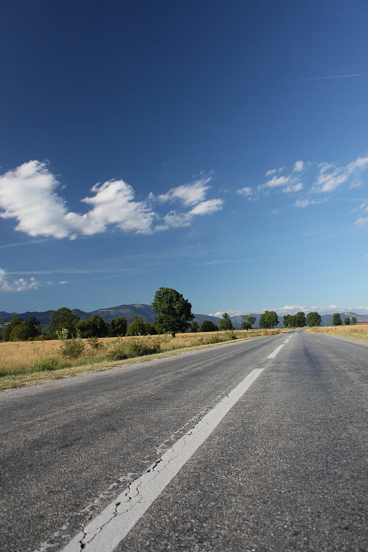 asphalt, blue, clouds, highway, landscape, mountain, road