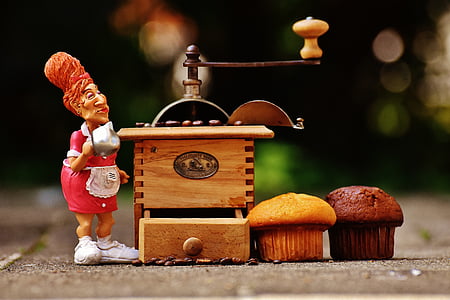 grinder, muffin, waitress, operation, figure, cake, coffee