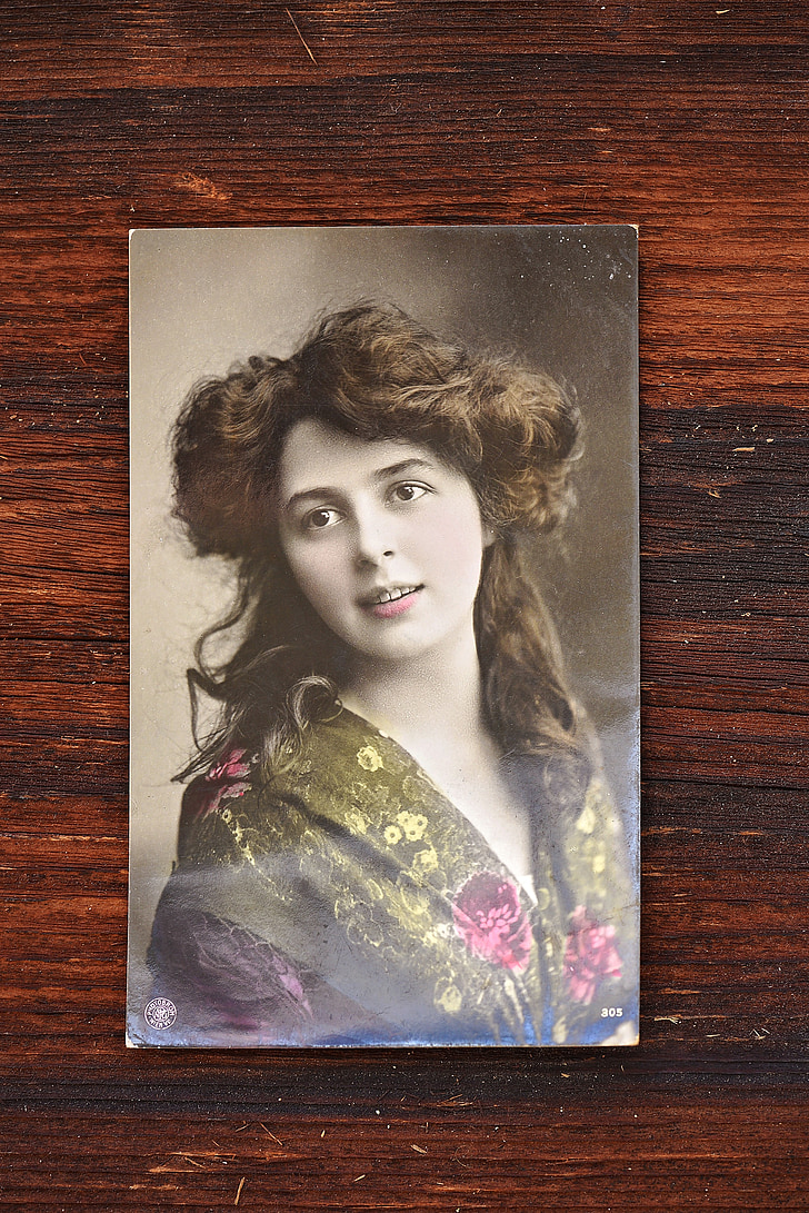 postcard, polaroid, greeting card, antique, photo, woman, wood