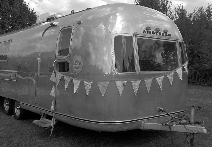 airstream, camping, camper, black and white, exploring, vintage, leisure