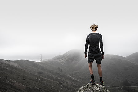 athlete, cliff, climber, foggy, hills, landscape, man