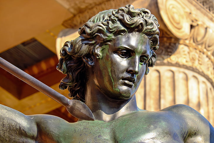 escultura, bronze, home, combat de lleons, llança, figura, obres d'art